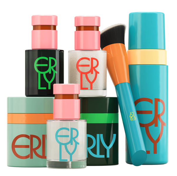 The ERLY Essentials; Set of ERLY Start SPF, ERLY Night Moisturizer, Daily Soothe Serum, Daily Dew Serum, Daily Splash Serum, Face Face, and the Mixer Brush