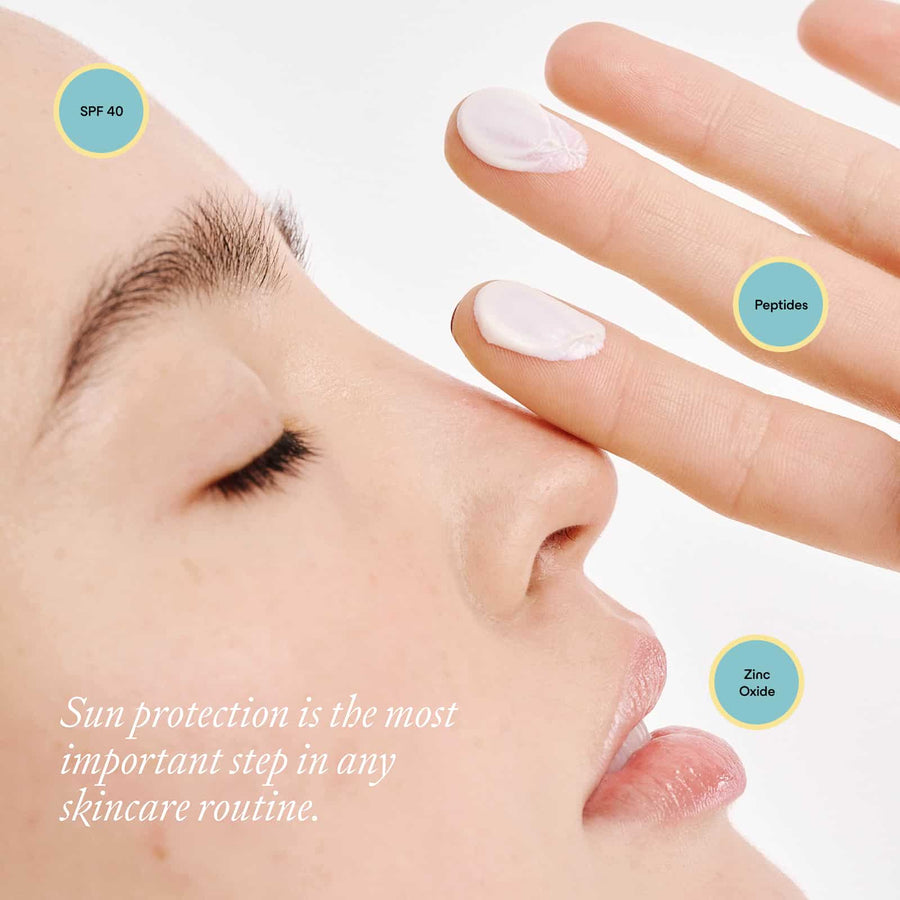Close up of model's face and hand with text about sun protection