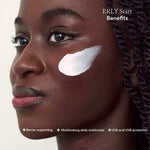 Close up of model with ERLY Start Moisturizer on her cheek and copy about benefits