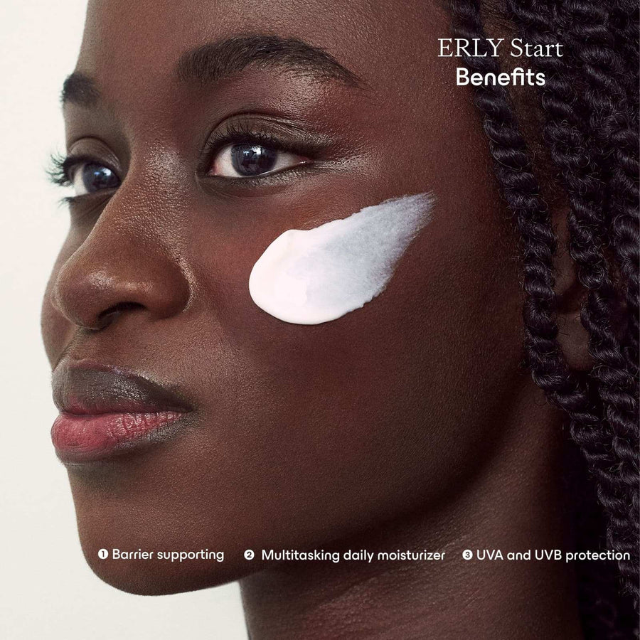 Close up of model with ERLY Start Moisturizer on her cheek and copy about benefits