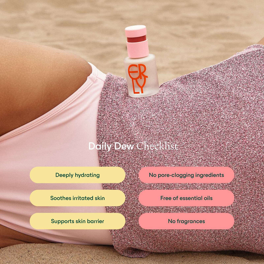 Daily Dew Illuminating Serum bottle with text overlay 