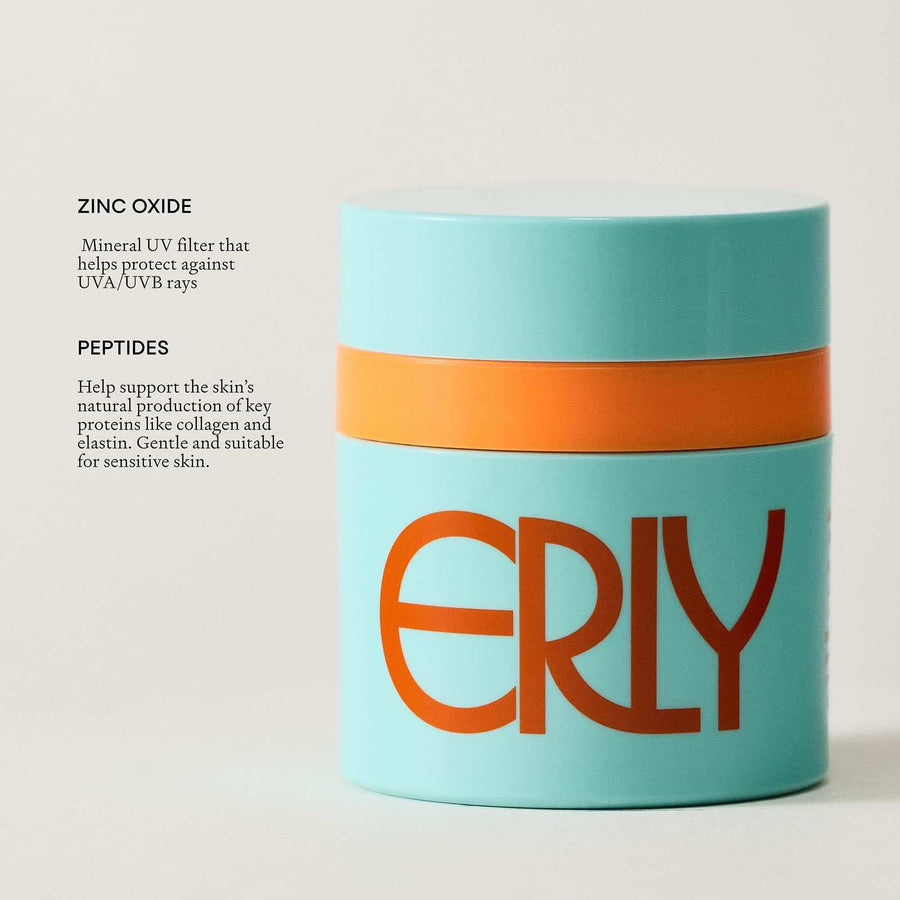 Close up of ERLY Start Sunscreen container with copy about Zinc and Peptides