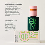 Product image of Daily Soothe with copy about Niacinamide and Hyaluronic Acid