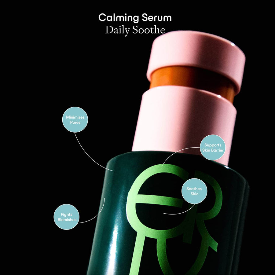 Close up of ERLY Daily Soothe on a black background with copy 