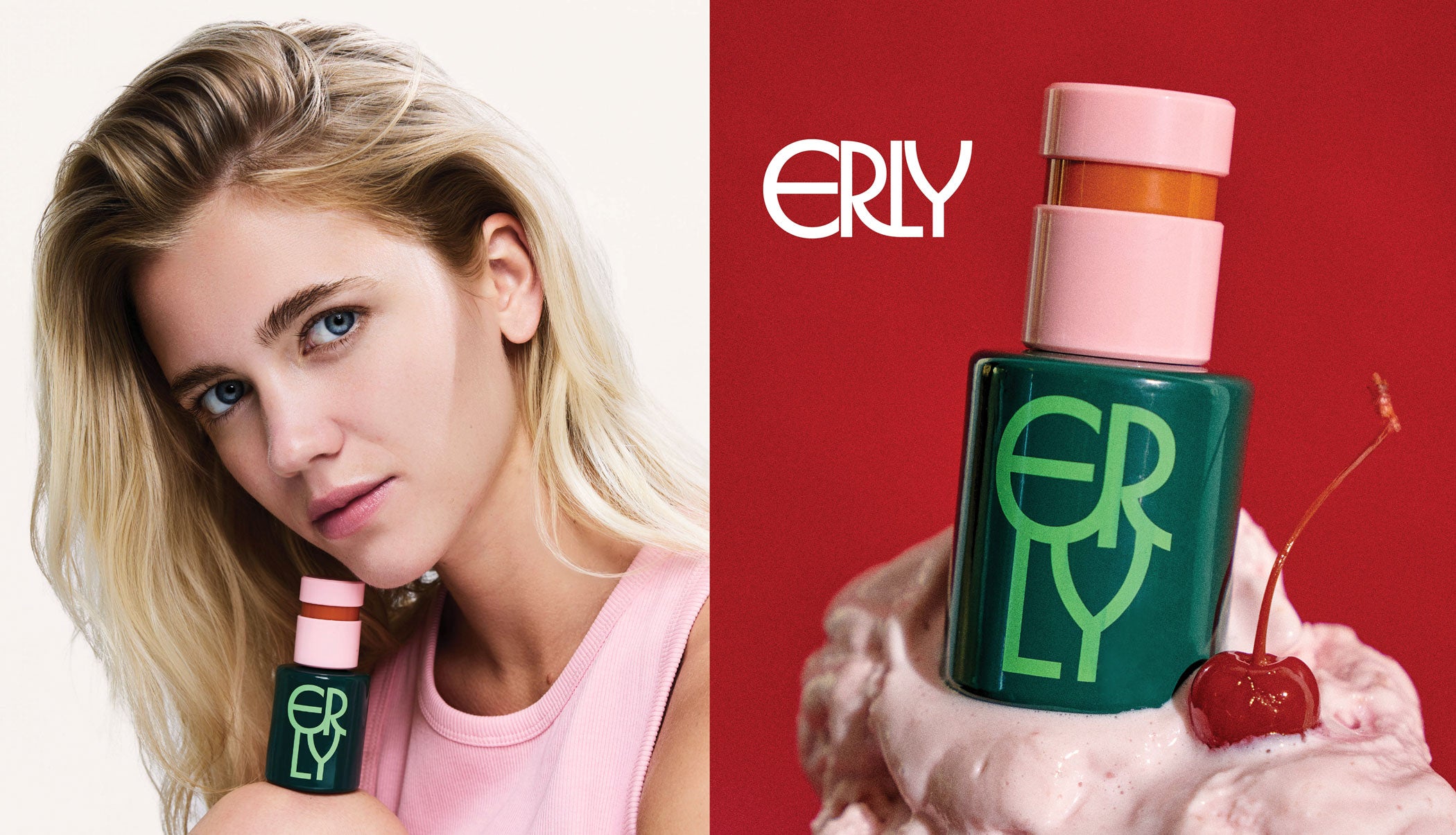 green serum on pink ice cream with a cherry and a blonde girl wearing pink