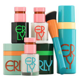 The ERLY Essentials; Set of ERLY Start SPF, ERLY Night Moisturizer, Daily Soothe Serum, Daily Dew Serum, Daily Splash Serum, Face Face, and the Mixer Brush