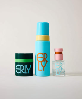 Three cosmetic products with 'ERLY' branding on a light gray background