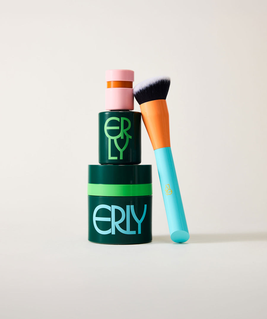 Two makeup containers and a brush with 'ERLY' branding on a light background
