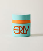 Turquoise container with orange band and 'ERLY' text on a white background
