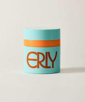 Turquoise container with orange band and 'ERLY' text on a white background