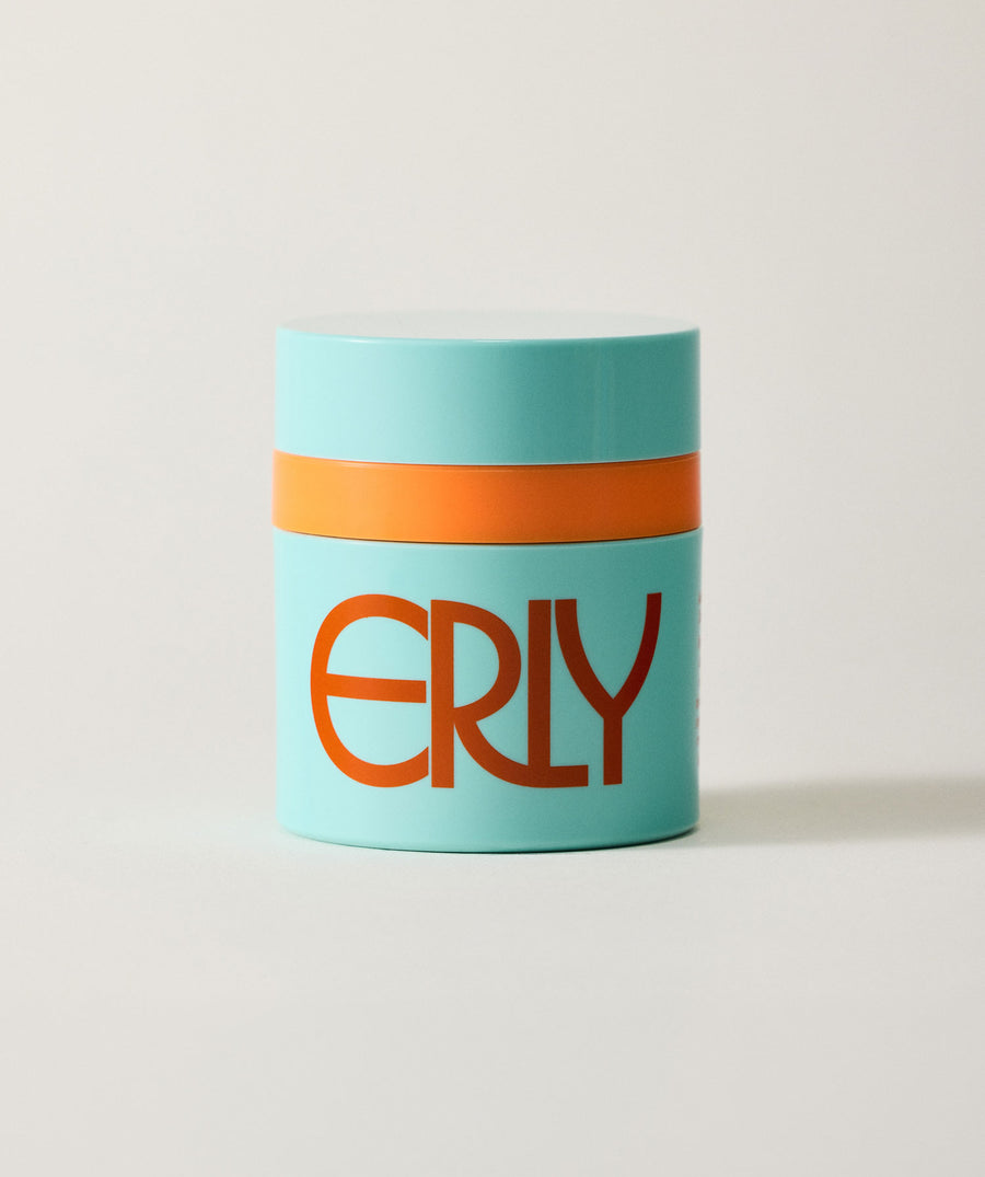 Turquoise container with orange band and 'ERLY' text on a white background