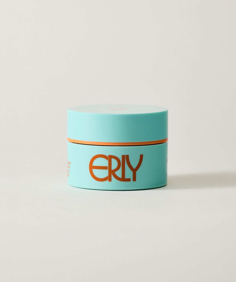 Turquoise jar with 'ERLY' branding on a light gray background