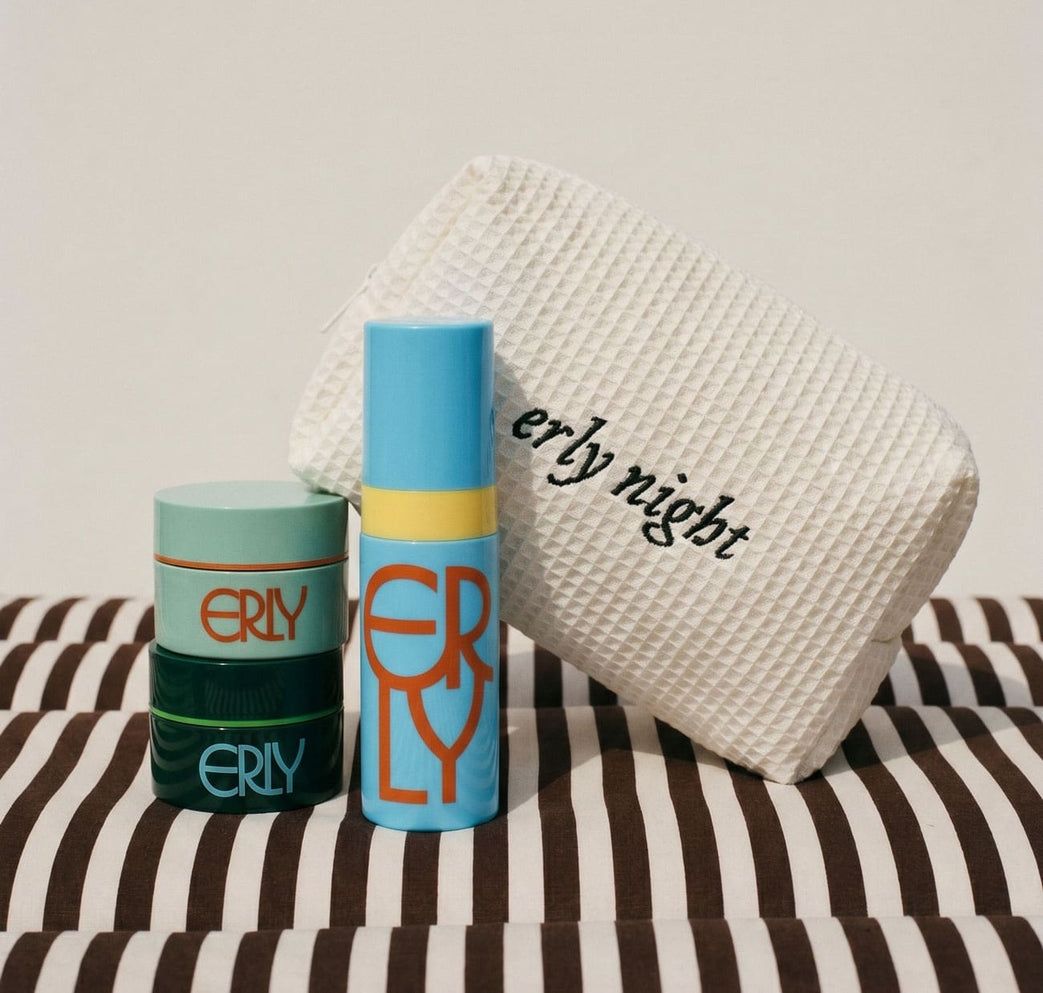 ERLY Skincare Bundle with monogrammed makeup bag, Mini ERLY Face Foam, Mini ERLY Night, and Mini ERLY Start
