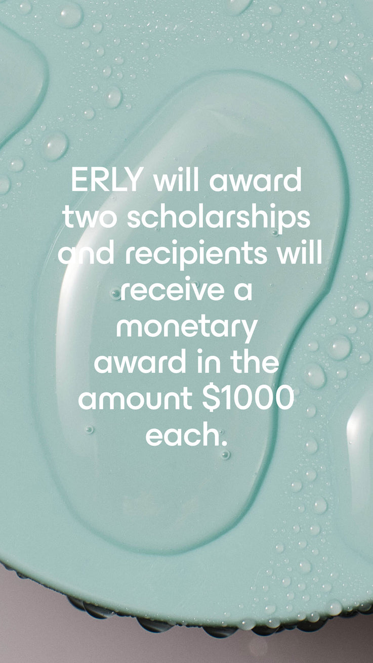 Promotional text about scholarships on a light blue background with water droplets.